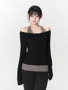 Slimming Lace-Panel Halter Shoulder-Exposing Knit Top