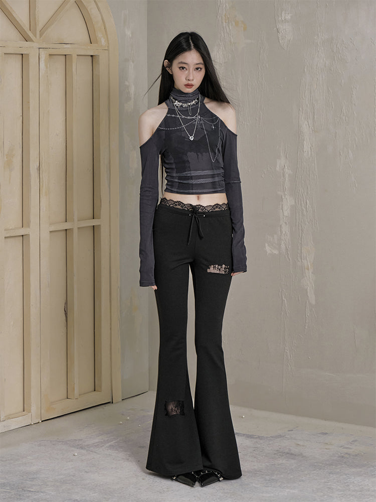 Lace Panel Low Waist Bootcut Pants