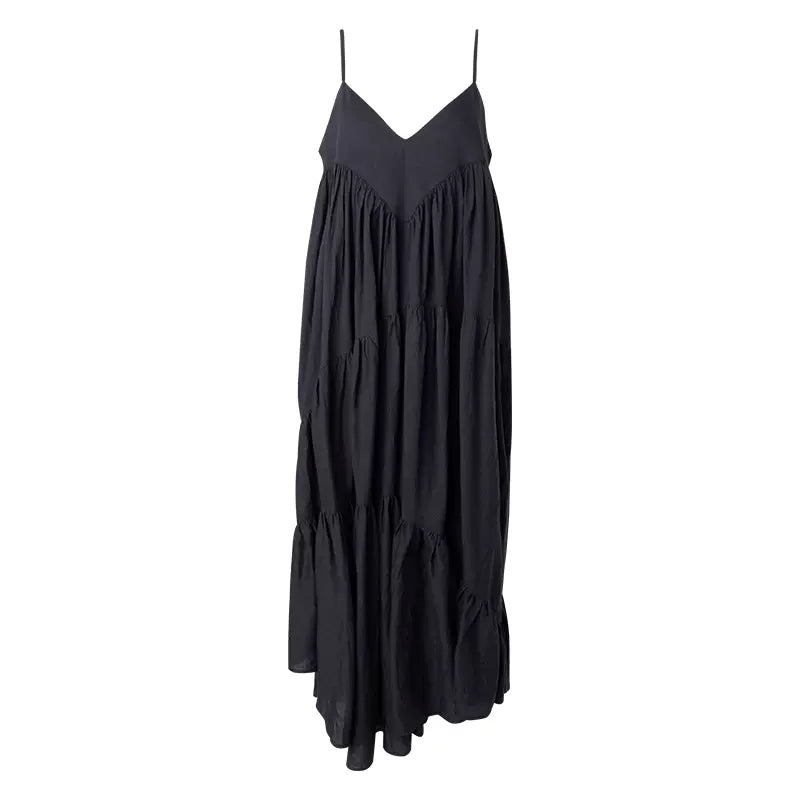 Black V-neck suspender pleated irregular dress