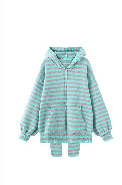 Striped Rabbit Ear Hooded Knitted Jacket