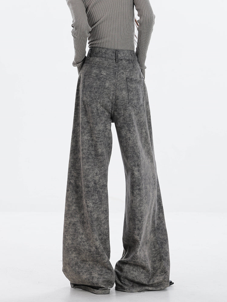 Fleece-Lined High-Waisted Gray Wide-Leg Jeans