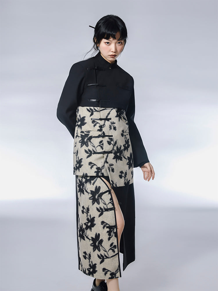 New Chinese Style Leather Button Jacquard Patchwork Skirt