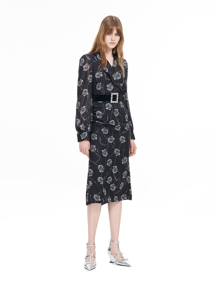 Silk black rose print dress