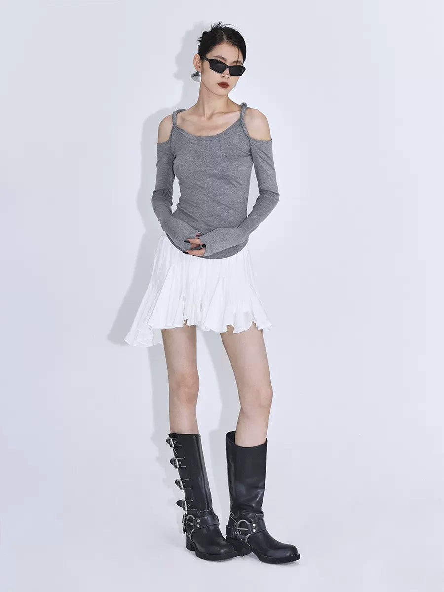 Elastic waist pleated asymmetric skirt