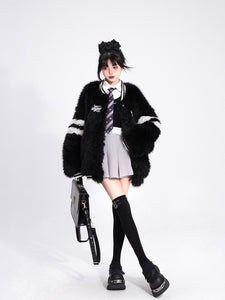 Black Cotton Padded Thick Fur Coat