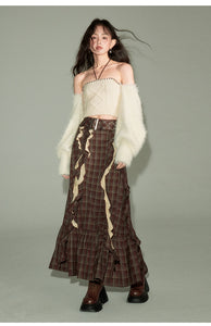 Brown ribbon plaid maxi skirt