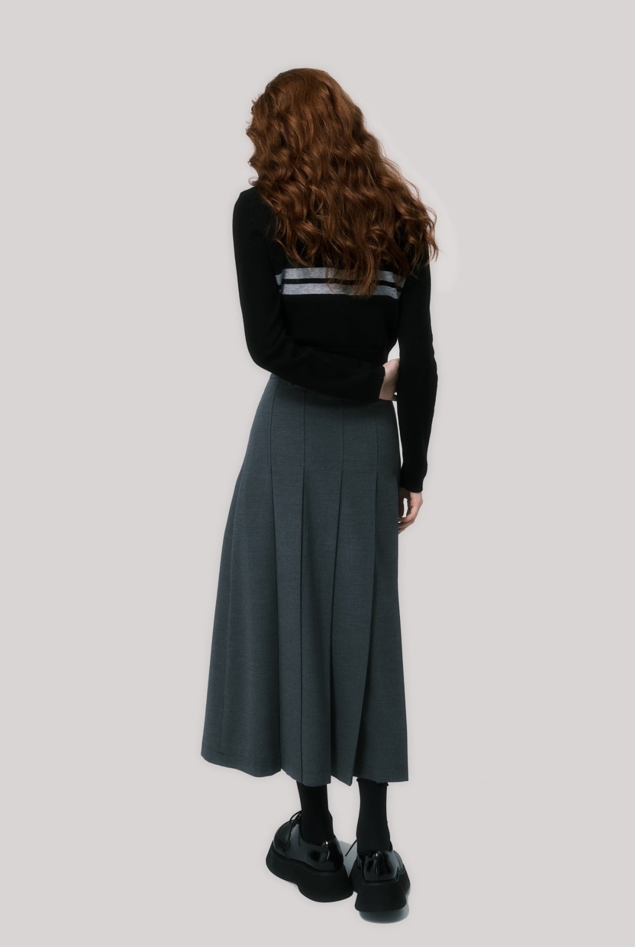 Dark grey pleated slim versatile long skirt college style elegant woolen skirt