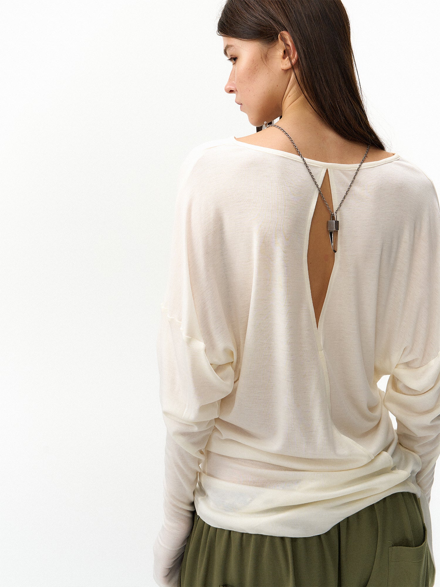 Asymmetrical Diamond Cut-Out Backless Long-Sleeve T-Shirt