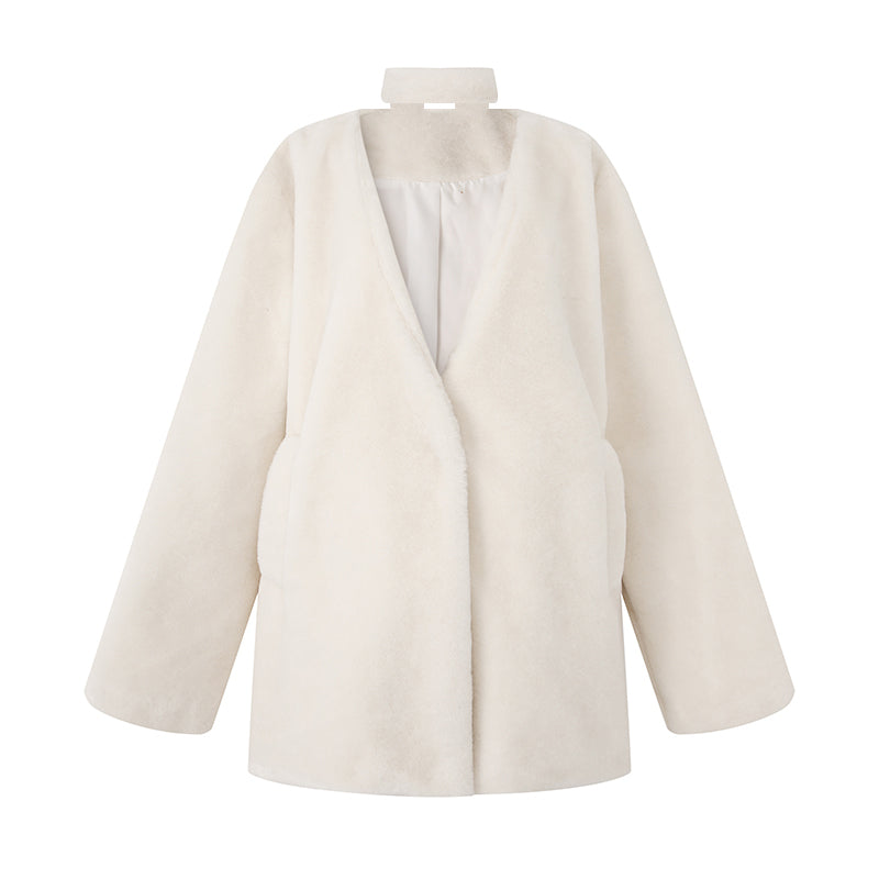 Elegant V-neck Thick Creamy White Coat