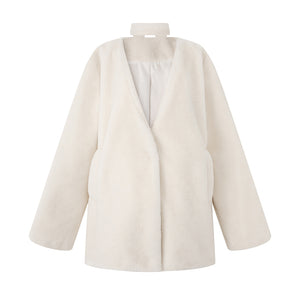 Elegant V-neck Thick Creamy White Coat