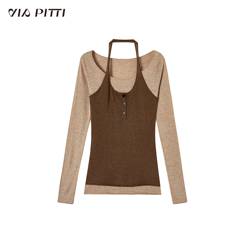 Neck Hanging Fake Two Piece Woolen Knitted T-shirt