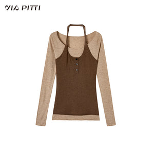 Neck Hanging Fake Two Piece Woolen Knitted T-shirt