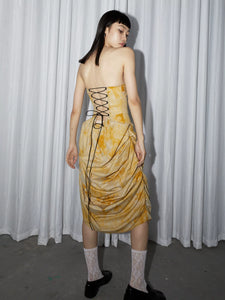 Pleated retro tie-dye print backless strapless dress