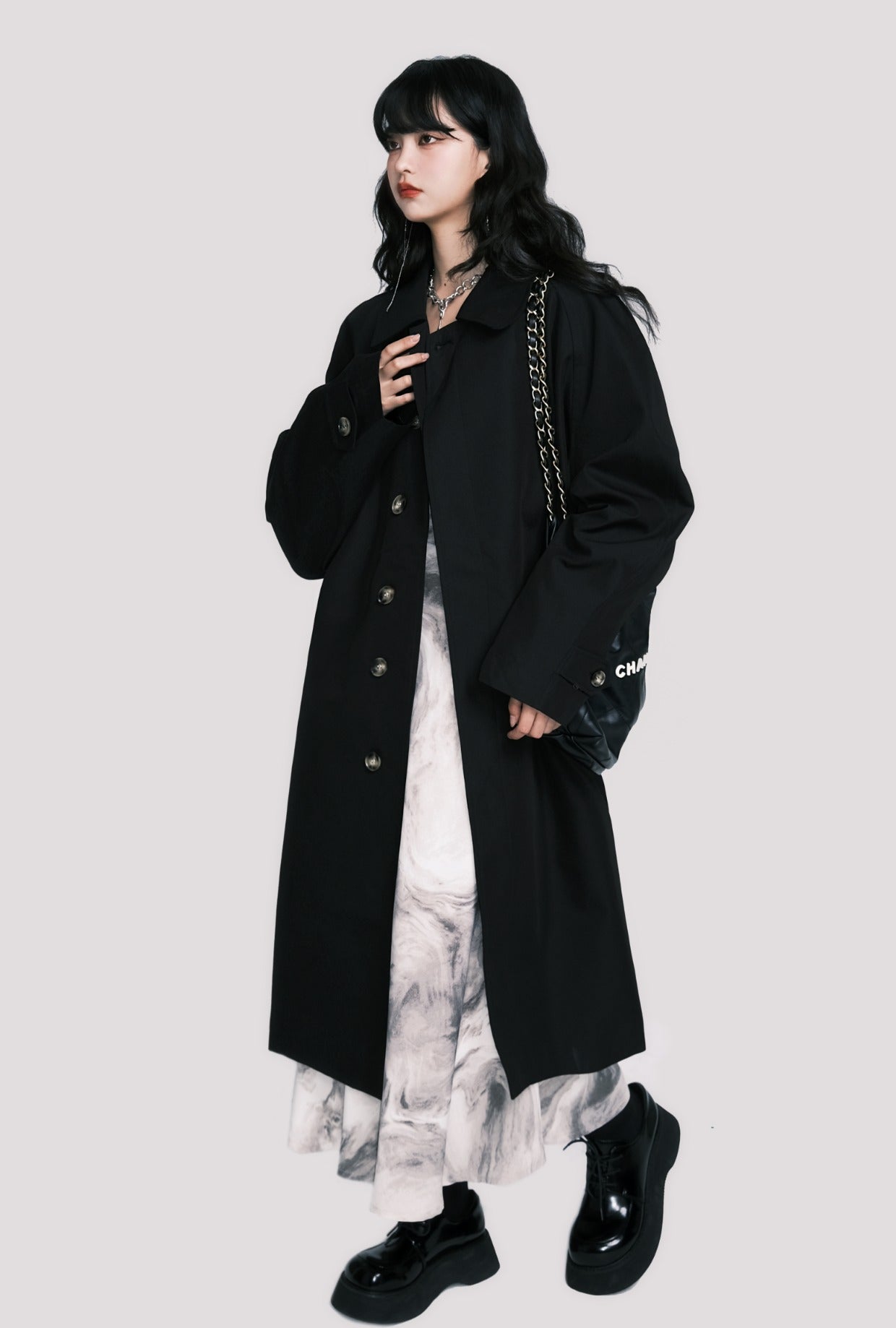 Classic black casual mid-length trench coat Jacket