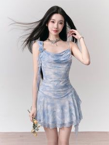 Rose Ribbon Dress Blurred Mesh Suspender Dress