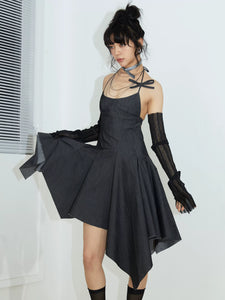 Retro Hepburn style irregular backless denim suspender skirt