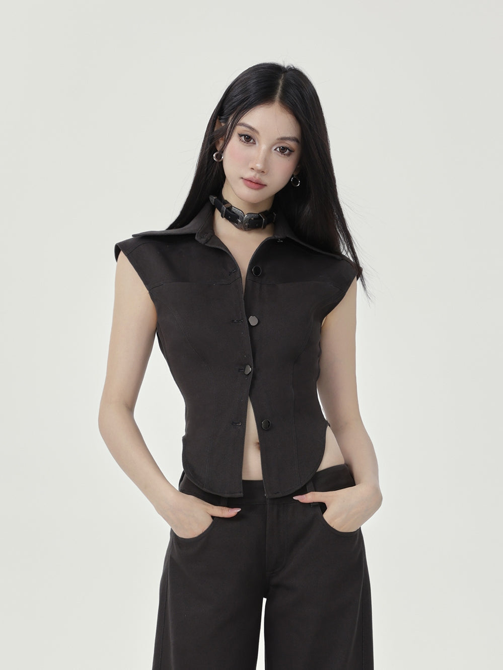 Twill Textured Slim-Fit Sleeveless Blouse Top