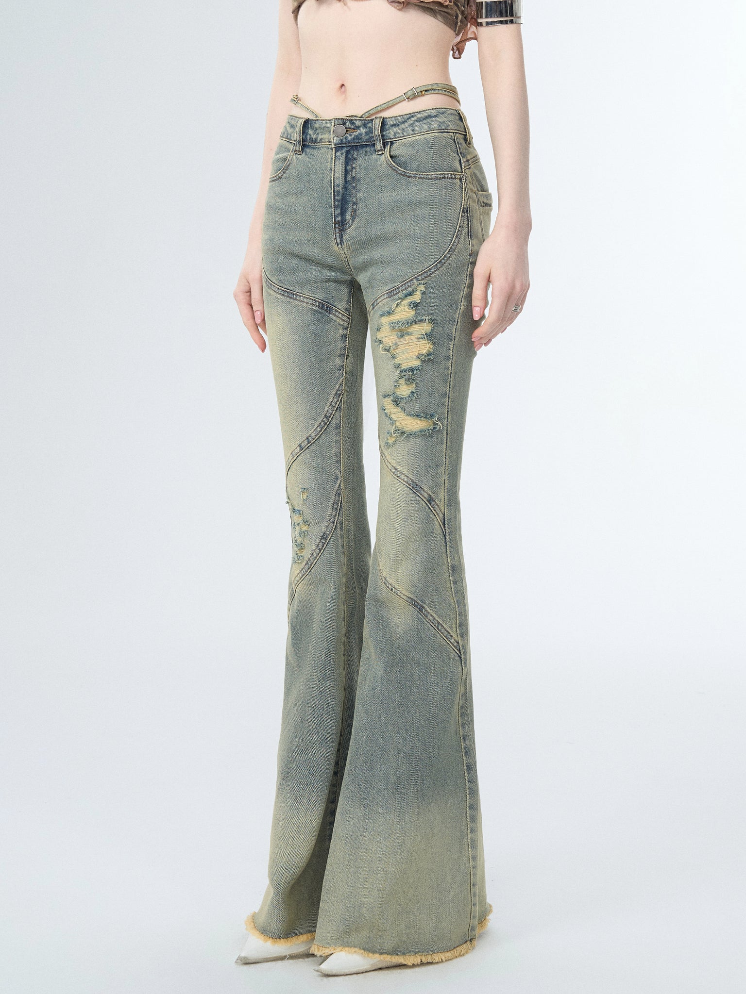 Waist Strap Streamlined Split Destroyed Washed Jeans