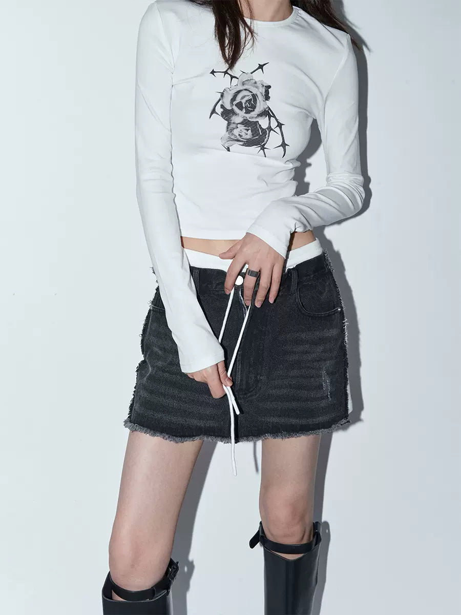 White Fake Two-Piece Drawstring Raw Edge Denim Skirt