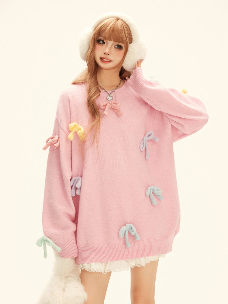 Pink Girlish Three-dimensional Bow Sweater