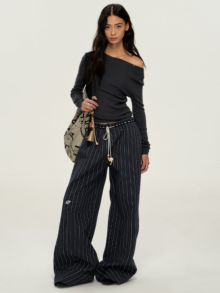 Navy Stripe Vintage Puff Sleeve Wide-Leg Trousers