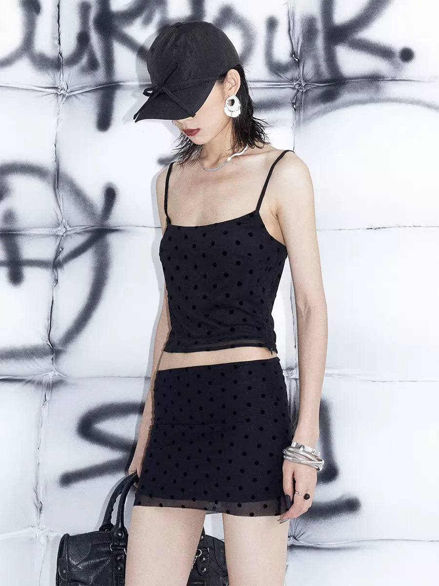 Black light transparent mesh vest skirt suit