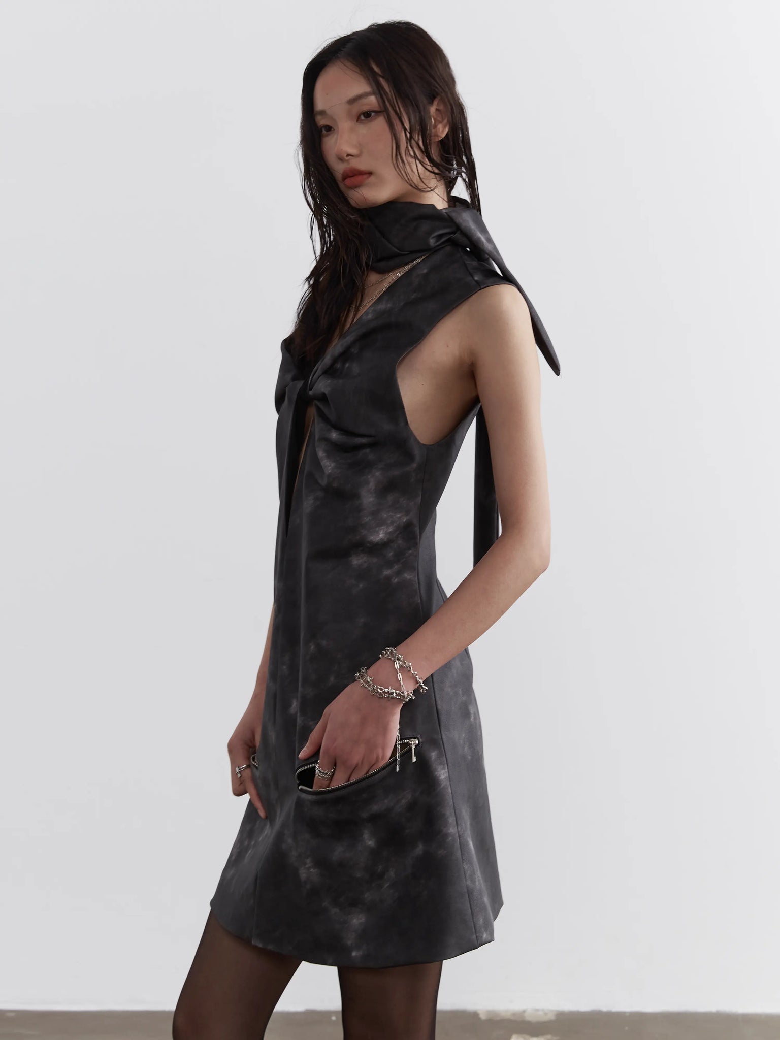 Hollow Smoky Ink Dye PU Leather Neck Dress