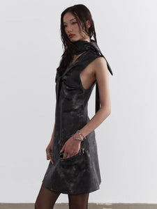 Hollow Smoky Ink Dye PU Leather Neck Dress