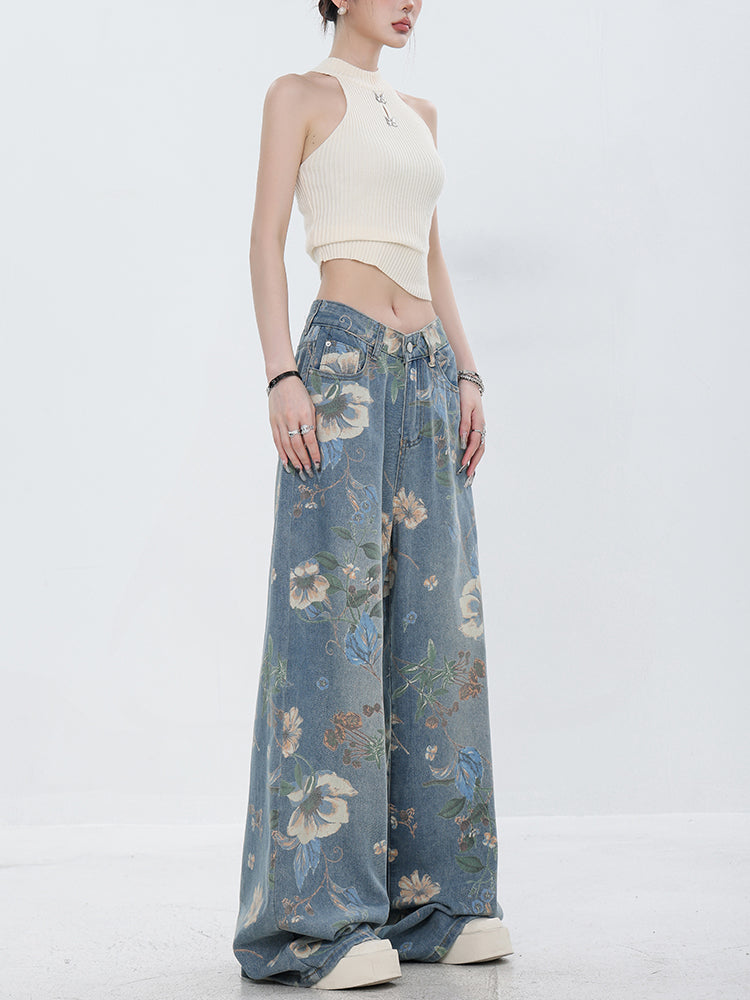 American Retro Flower Printed Wide-Leg Jeans