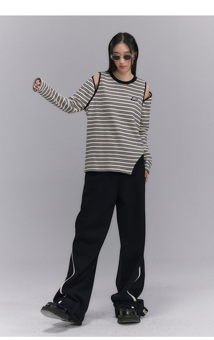 Black round neck striped sweater contrast color off-shoulder irregular loose top