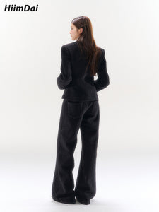 Fleece Cinched Waist Wool Jacket & High-Waisted Trousers Set