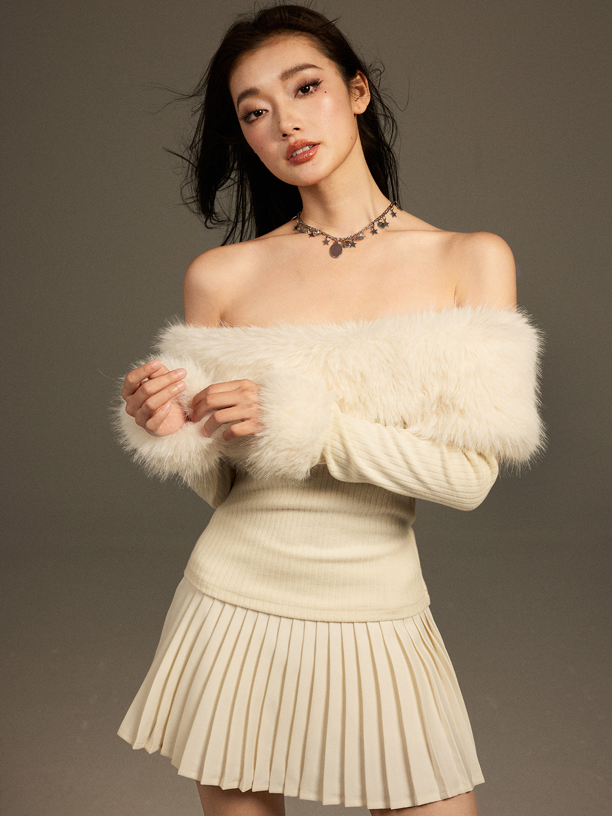 Snow Fox White Off-Shoulder Sweater