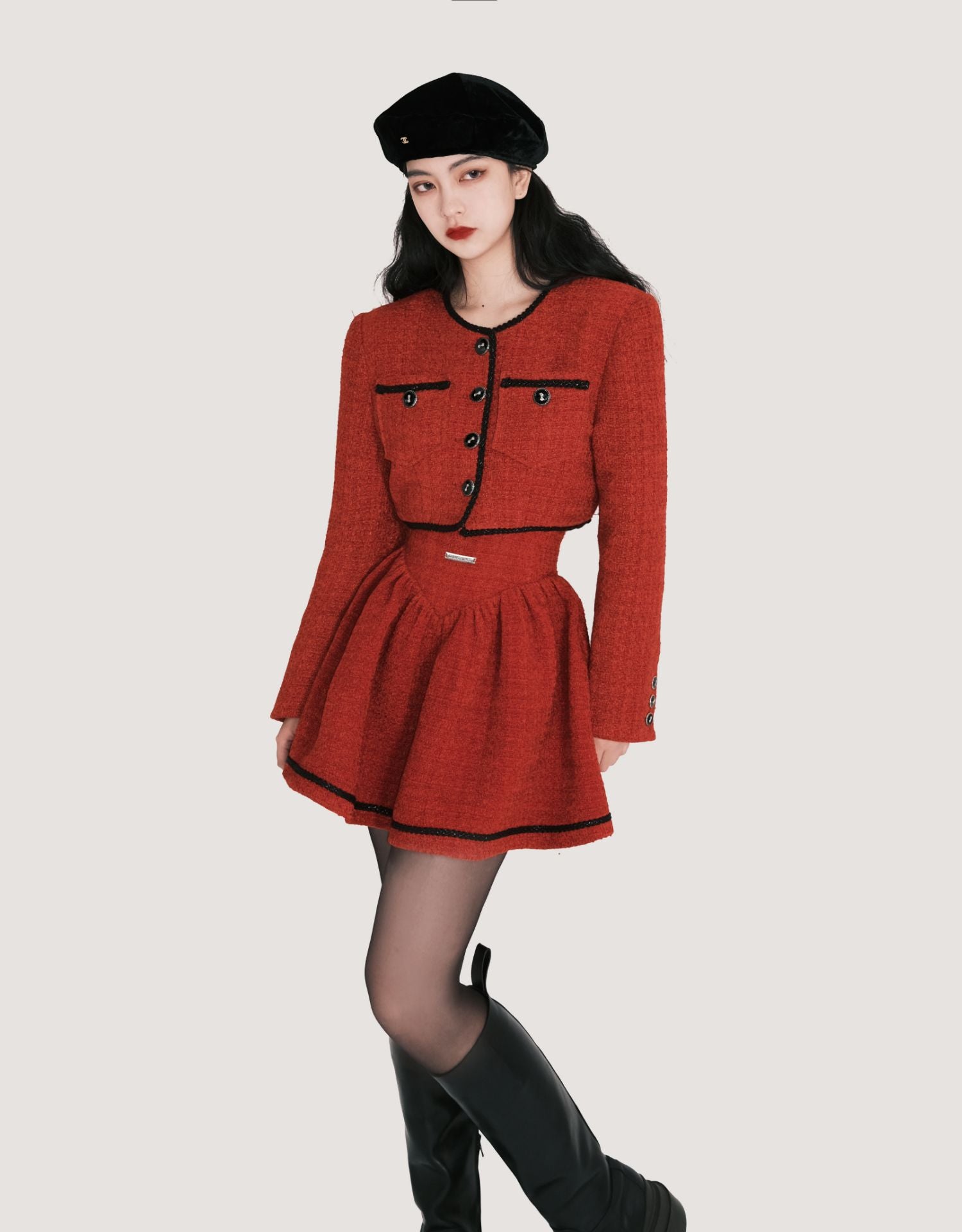 Chanel style New Year red wool skirt