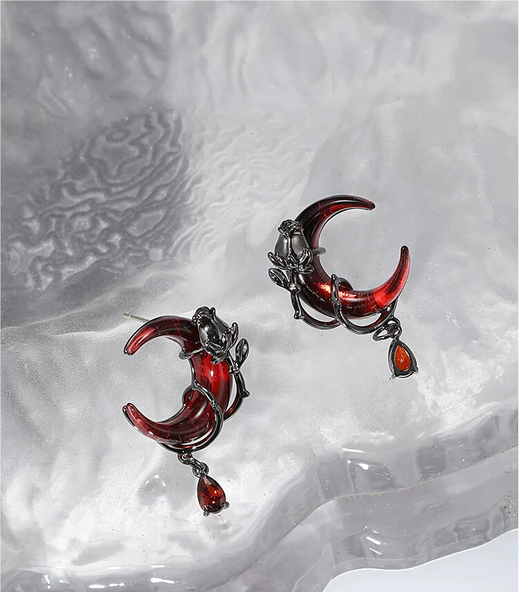 Black Rose Red Crescent Earrings