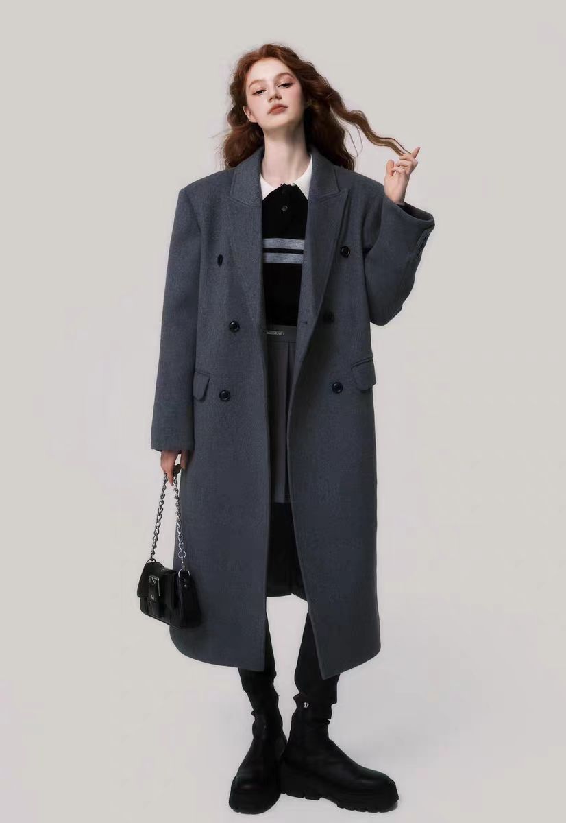 Slim version shoulder pad double-breasted elegant wool coat women's neat and wide long coat