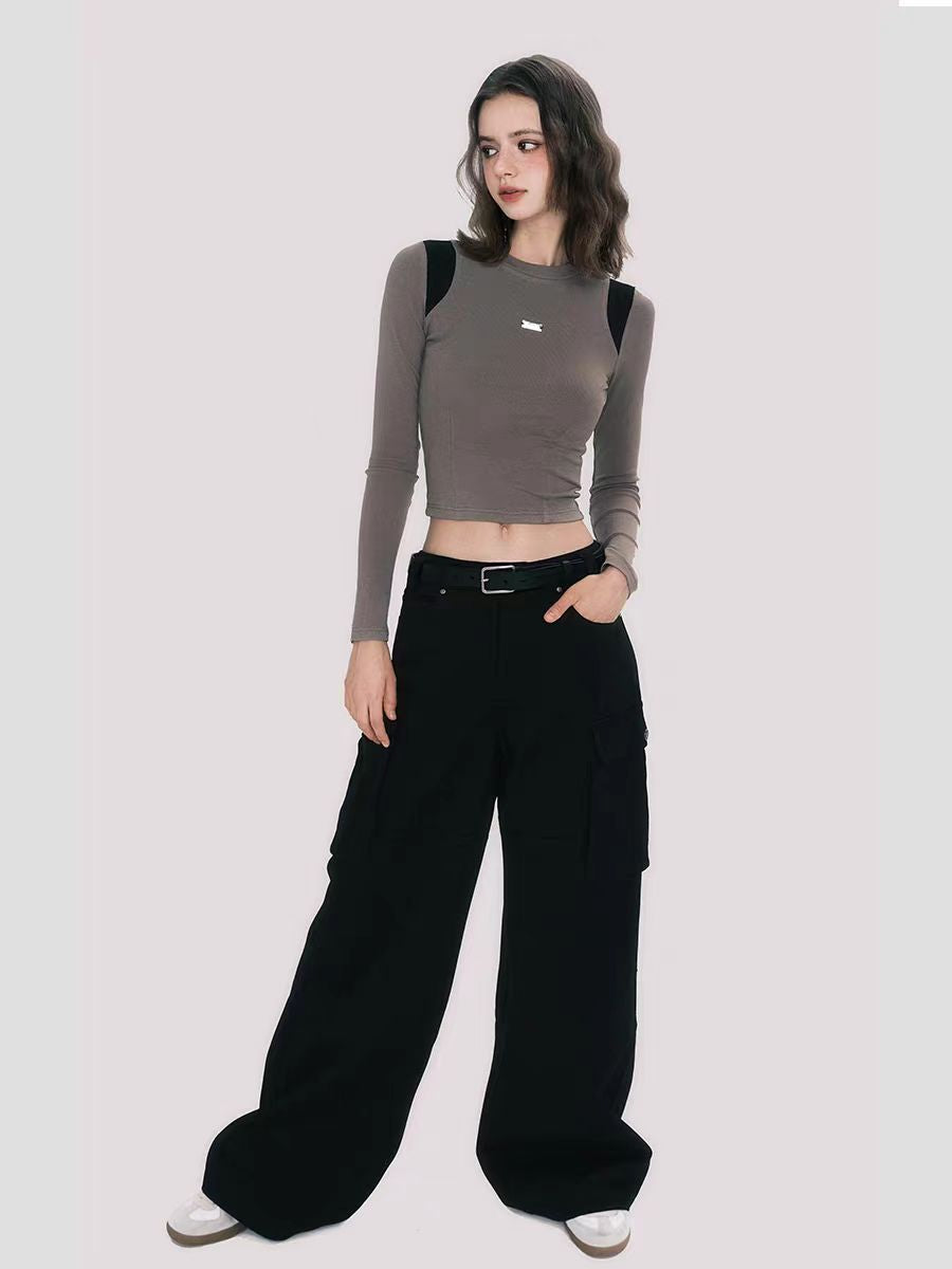 90s retro street style black mid-low waist cotton workwear casual pants loose trousers for women