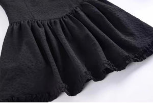 French black square-neck puff-sleeved dress for women, summer short, sweet and cool princess dress