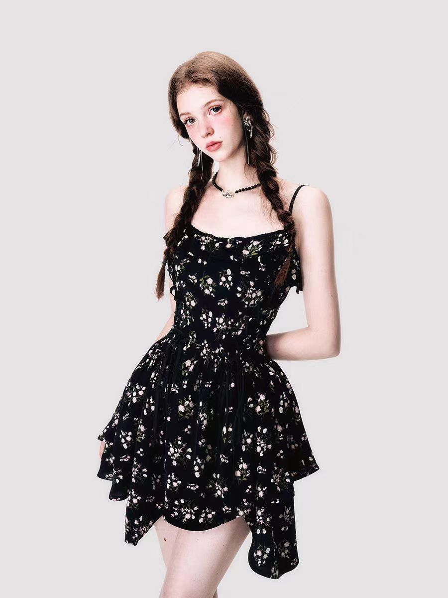 Dark pure desire style waist irregular floral skirt suspender dress women summer