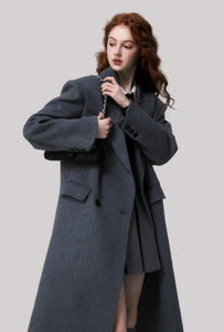 Slim version shoulder pad double-breasted elegant wool coat women's neat and wide long coat