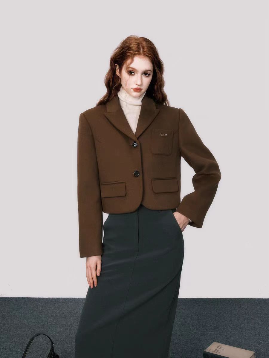 Autumn Maillard Retro Brown Short Wool Suit Jacket Women