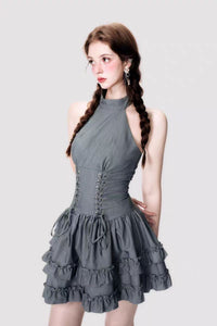 Dark Lolita shoulder-cut sleeveless waist slimming black halter dress for women in summer