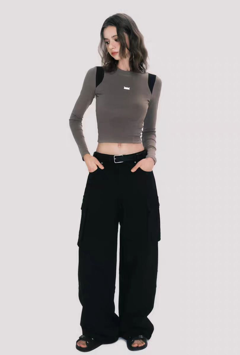 90s retro street style black mid-low waist cotton workwear casual pants loose trousers for women