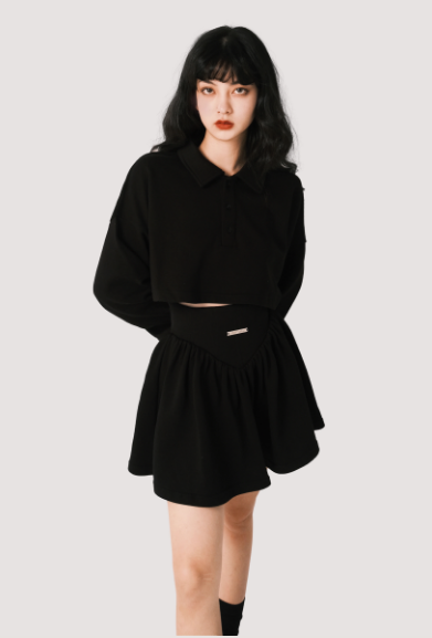 Loose Cotton Long Sleeve Sweatshirt Herringbone Waist Miniskirt Set