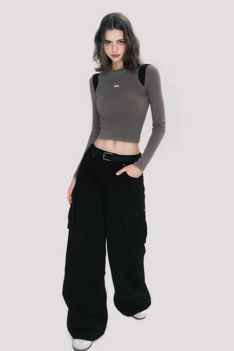 90s retro street style black mid-low waist cotton workwear casual pants loose trousers for women