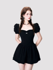 French black square-neck puff-sleeved dress for women, summer short, sweet and cool princess dress