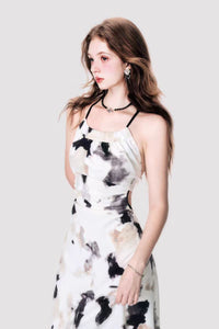 French style halter neck ink painting suspender dress women's summer sexy backless long dress