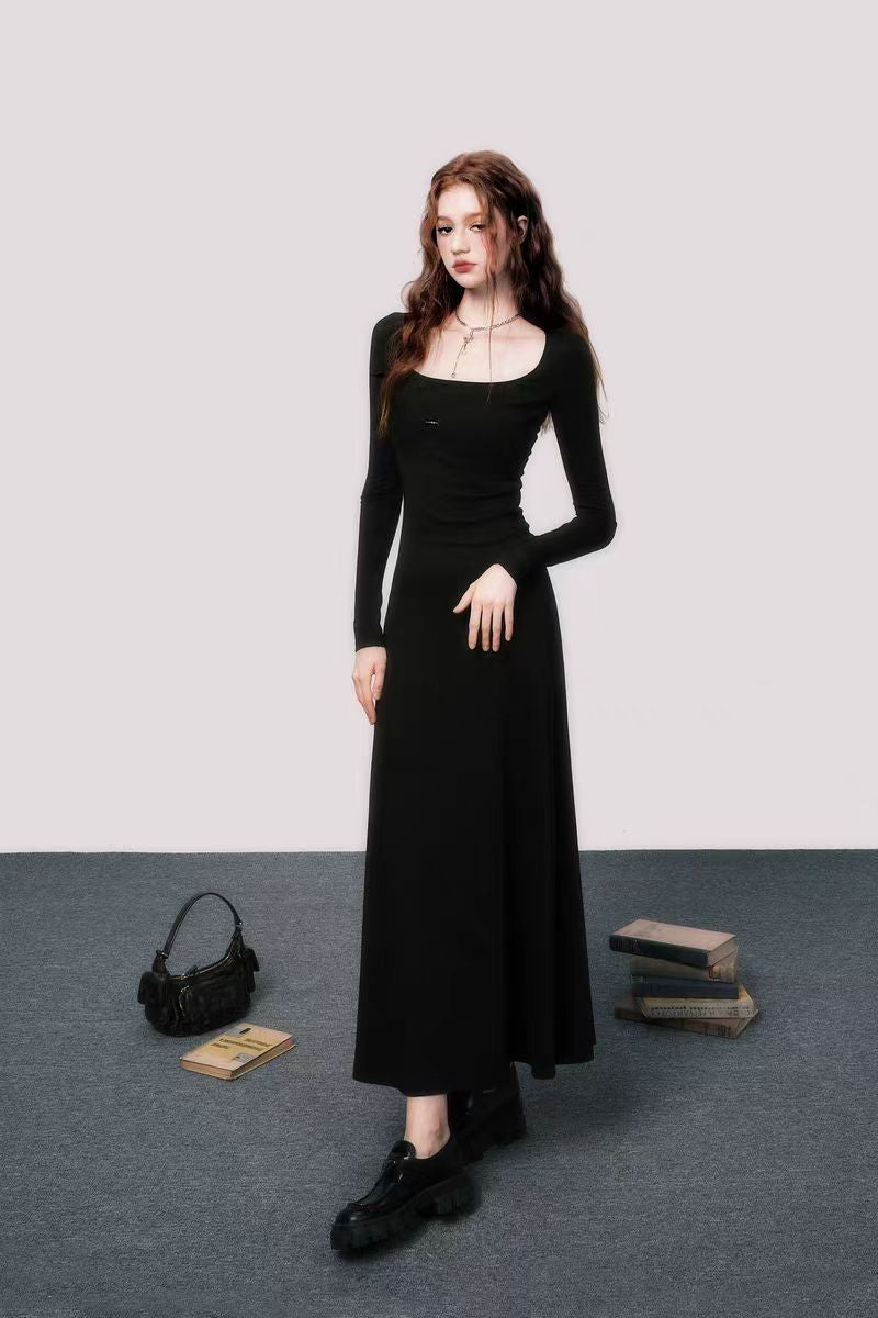 Cool feeling long sleeve knitted large square collar dress black slim long dress women autumn