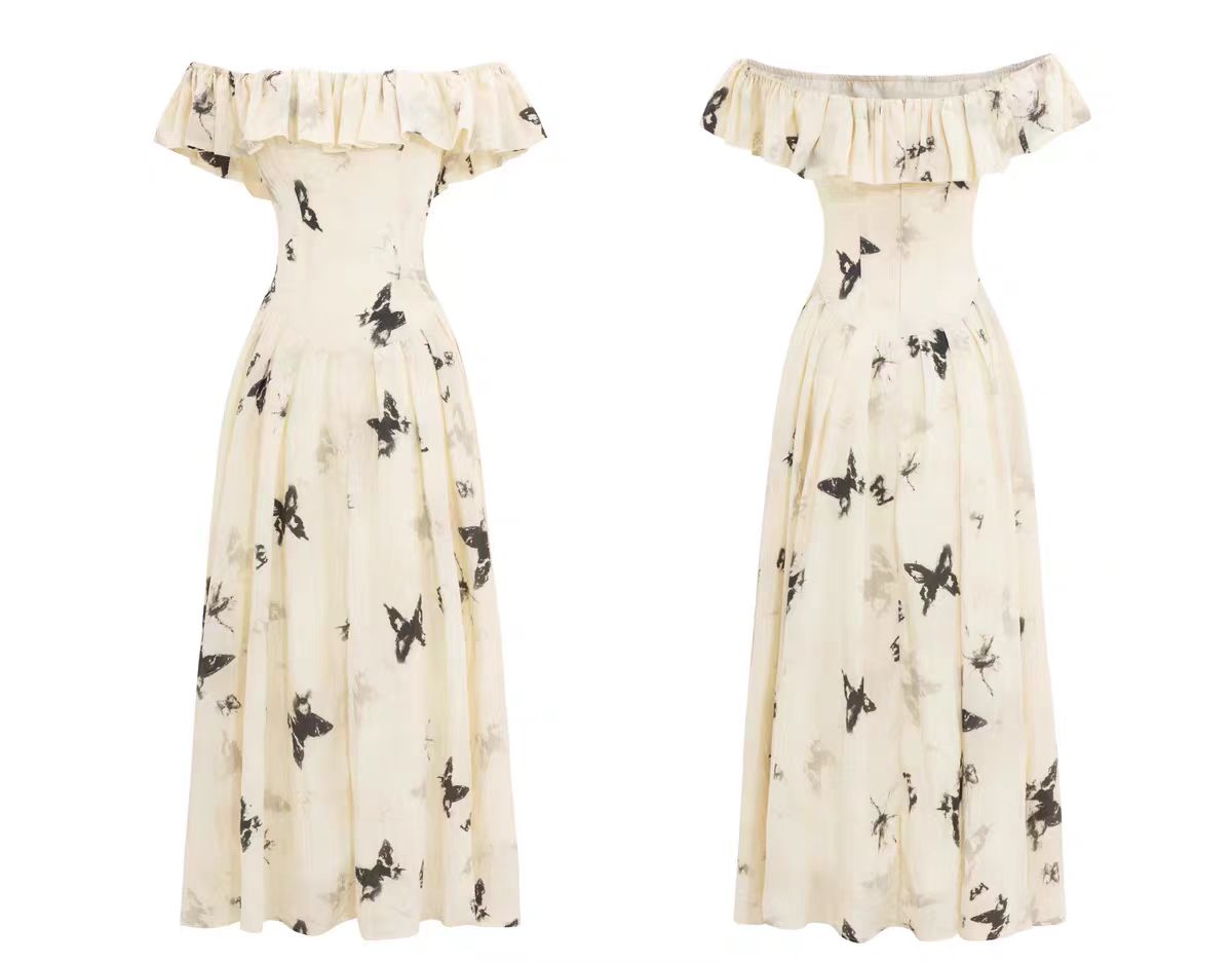 French ink butterfly print one-shoulder dress