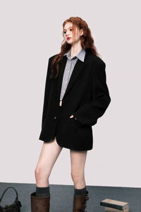 Women's loose high-end black casual suit with shoulder pads