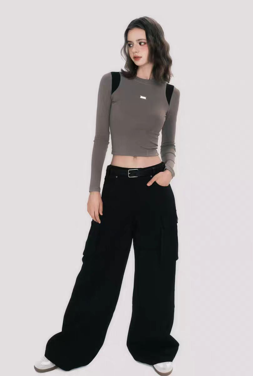 90s retro street style black mid-low waist cotton workwear casual pants loose trousers for women